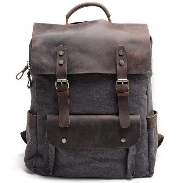 

men leather canvas rucksack lapbackpack college school bookbag dark gray