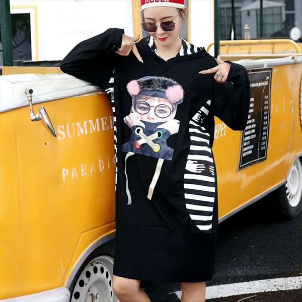 

women's 2019 season fashion brand large size loose stitching long sleeve hooded pullover t-shirt skirt, White