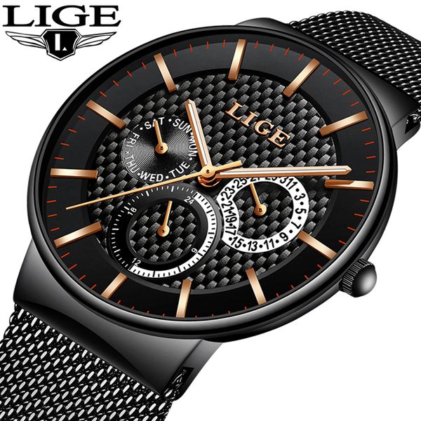 

lige fashion mens watches brand luxury quartz men casual slim mesh steel date waterproof sport watch relogio masculino c19041601, Slivery;brown
