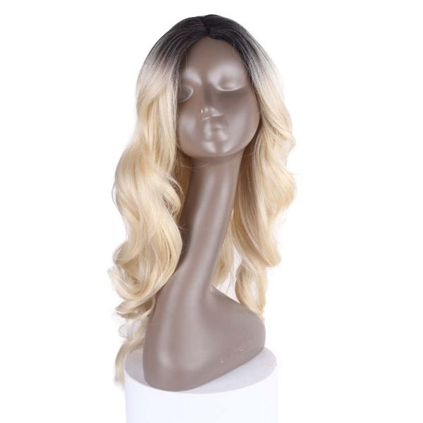 

loose wave synthetic hair women wigs blonde ombre wig with bang dark roots wavy dr613# heat resistant capless side parting wholesale, Black