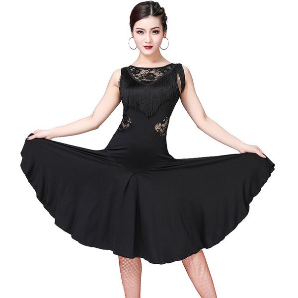 

dancewear lace perspective short-sleeved shirt + fringed latin dance skirt performance exercise clothes two-piece, Black;red