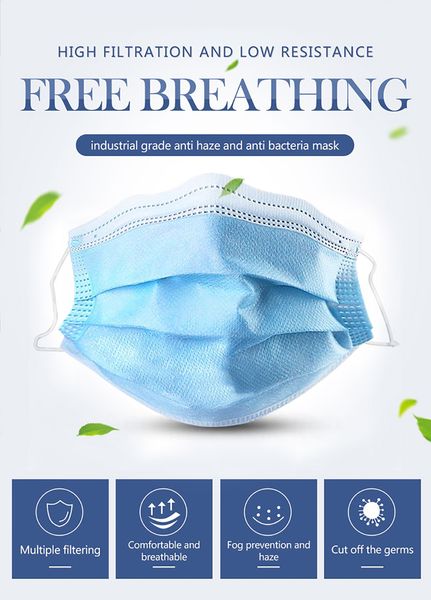 

50 blue disposable protective masks. three-layer disposable masks with elastic ear hooks are breathable and comfortable. they can block dust