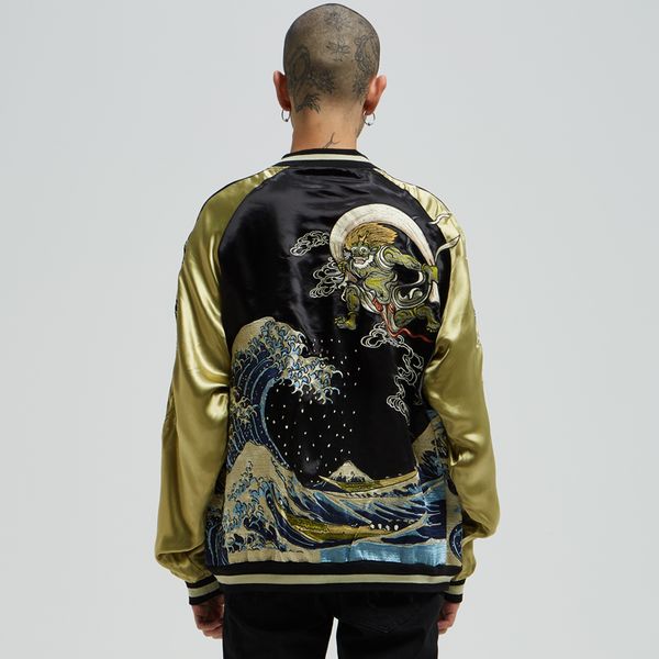 

men's jackets japanese style embroidery illustration -e surfing devil jacket tide brand personality spring and autumn cloth, Black;brown