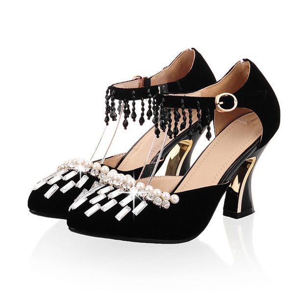 

shiny rhinestone sandals tassel princess shoes women's retro fringe high heel shallow mouth belt buckle shoes lady sandals, Black