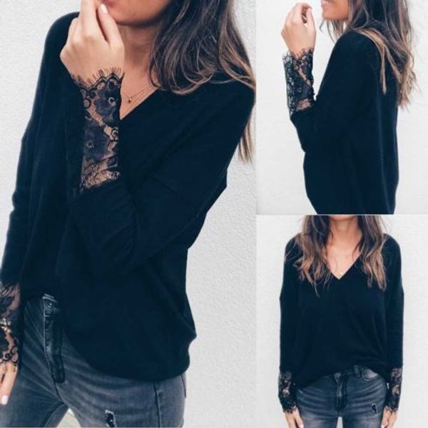 

women blouse casual solid black v-neck ladies long sleeve shirt hollow out lace blouse one piece, White