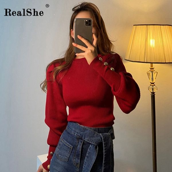 

realshe pullover women o-neck long lantern sleeve buttons cashmere sweater women 2020 spring casual elegant sweaters ladies, White;black