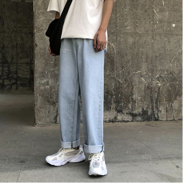 

spring new jeans men's fashion solid color straight casual denim pants man streetwear trend wild hip hop loose male clothes, Blue