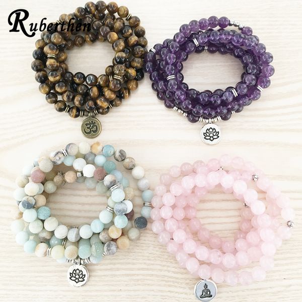 

ruberthen high quantity natural stone bracelet 108 mala yoga necklace matte amazonite s jewelry 2018 drop shipping y200107, Golden;silver