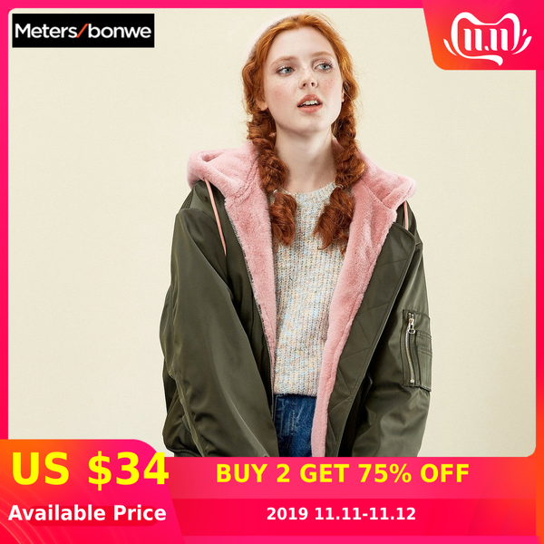 

metersbonwe 2019 thicke warm colorful fur hooded winter warm snow casual padded coat female, Black