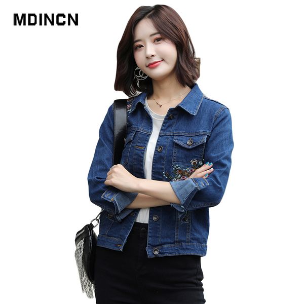

mdincn embroidered women jackets slim flower embroidered denim jackets laple ladies long sleeve plus size coat, Black;brown