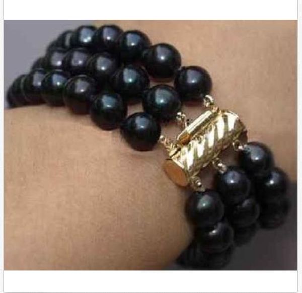 

new 3 row 9-10 mm natural black south sea pearl bracelet 14k