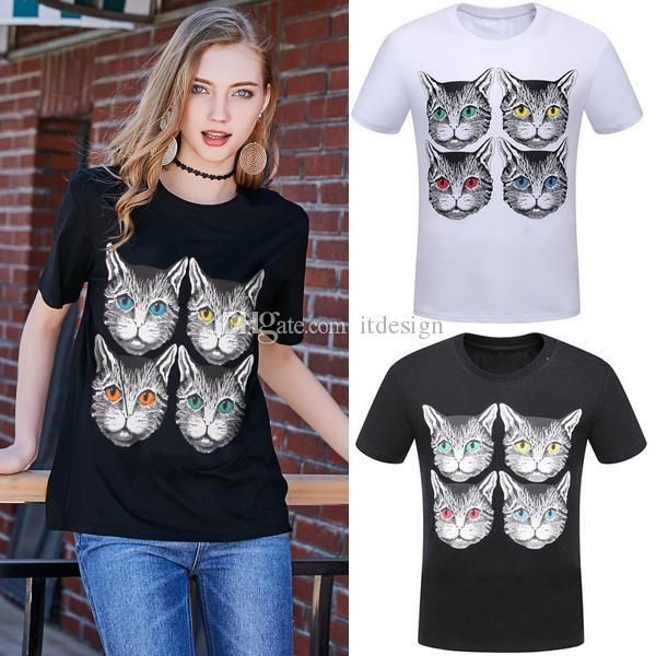 

women's cat head print t-shirt shortsleeves crew collar trim fit tshirt street wear for lady, White