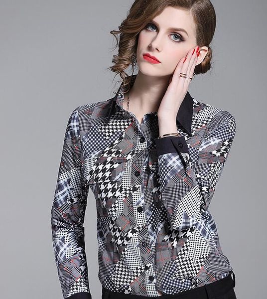 

houndstooth printed long sleeve women rayon blouses with single breasted summer shirts lapel neck fashion ladies shirts, White