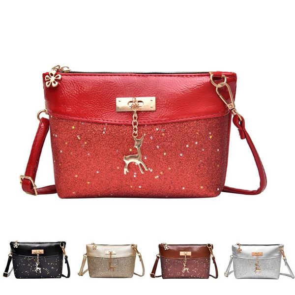 

мода женщины девушка bling блестки лоскут сумки довольно олень crossbody сумки на ремне bolsos de cuero genuino para mujer#ss