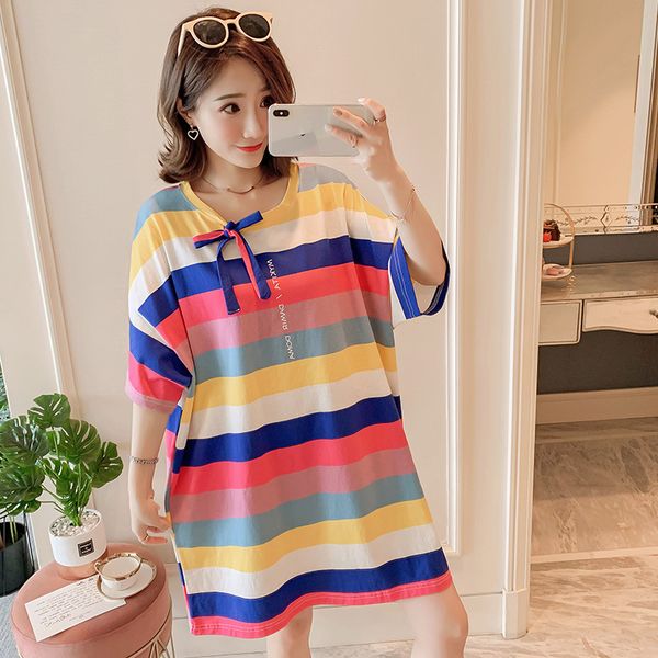 

pregnant women summer wear 2019 new style fashion mom korean-style loose-fit stripes t-shirt dress summer maternity clothes, White