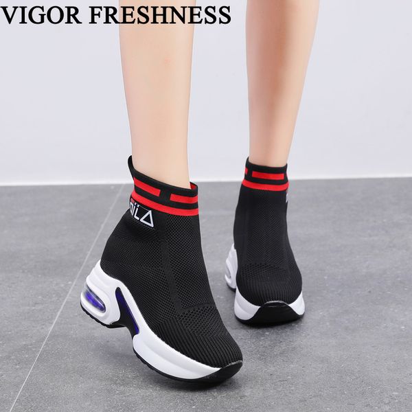 

vigor freshness shoes woman ankle boots 8.5cm heels women shoes elastics sock boots height increasing autumn sneakers wy189, Black