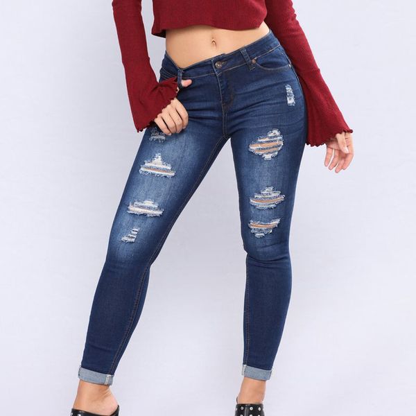 

vintage high waist woman stretchy blue jeans female ripped full length pants pencil skinny jeans new