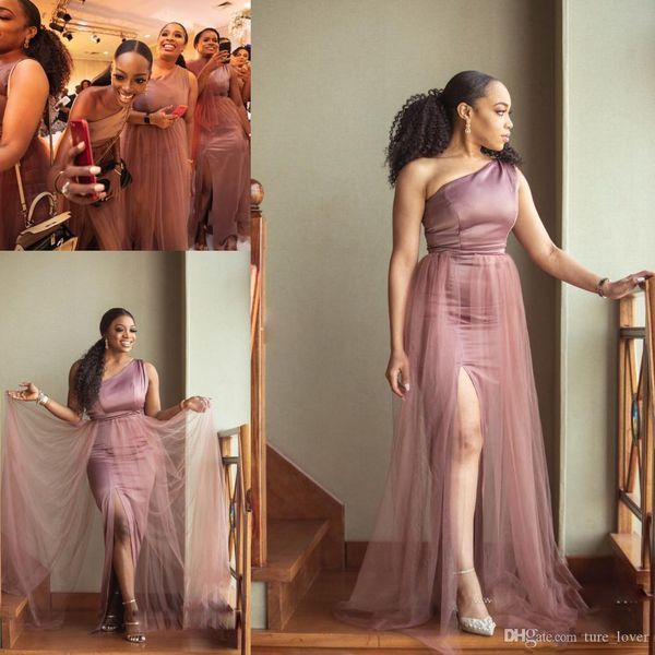 Sexy Plus size Blush Pink Mermaid Bridesmaid One Spalla Spalato per matrimoni Ospite abiti Maid of Honor Dresses Abito da Sera