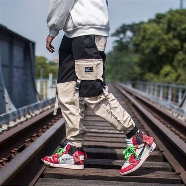 

2019 hip hop брюки streetwear мужские сращивания бегуны брюки мужчины повседневная cargo pant брюки high street эластичный пояс гаремные муж, Black