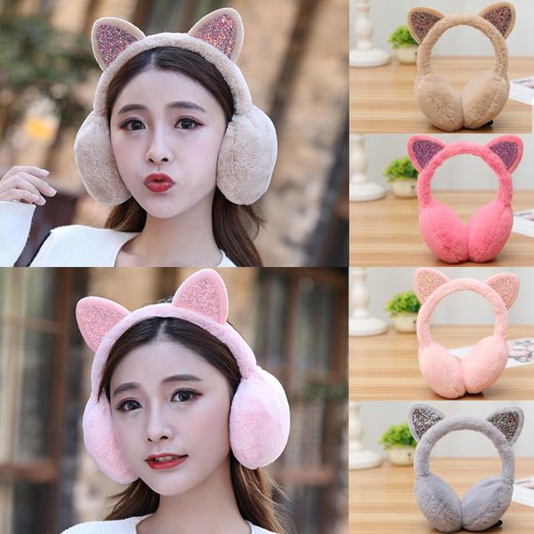 

brand new 2020 fashion women girl fur winter ear warmer earmuffs cat ear muffs earlap glitter sequin earmuffs headband newest, Blue;gray