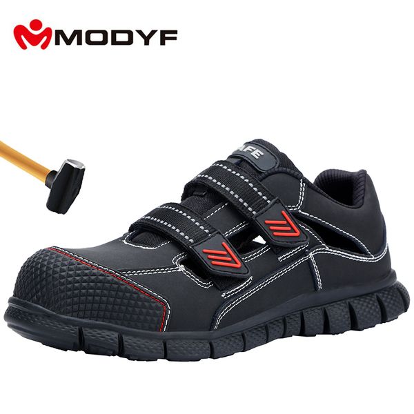 

modyf men's steel toe work safety shoes lightweight breathable anti-smashing anti-puncture non-slip reflective casual sneaker, Black