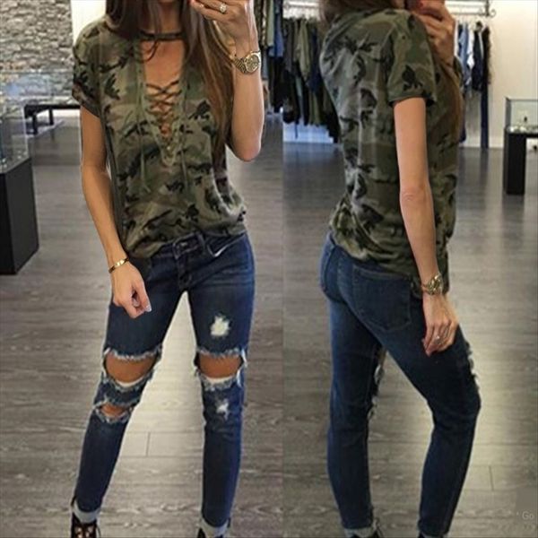 

camouflage chest hol tie short sleeve women's t-shirt 2135 camouflage low chest hollow tie short sleeve women's t-shirt 2135, White
