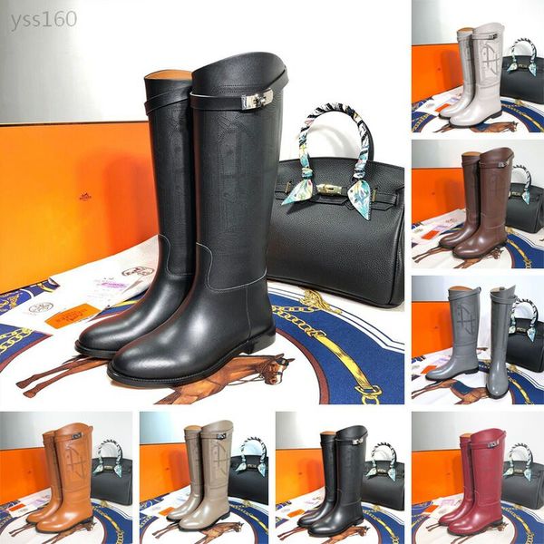 

2020 luxurious autumn and winter new women's calfskin boots flat bottom with and knees leisure high boots martin women's boots, Black