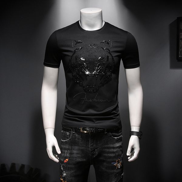 

2020 summer new fashion men's personalized tiger beaded o- neck short sleeve t-shirt streetwear casual men tees polos men t-shirts, White;black