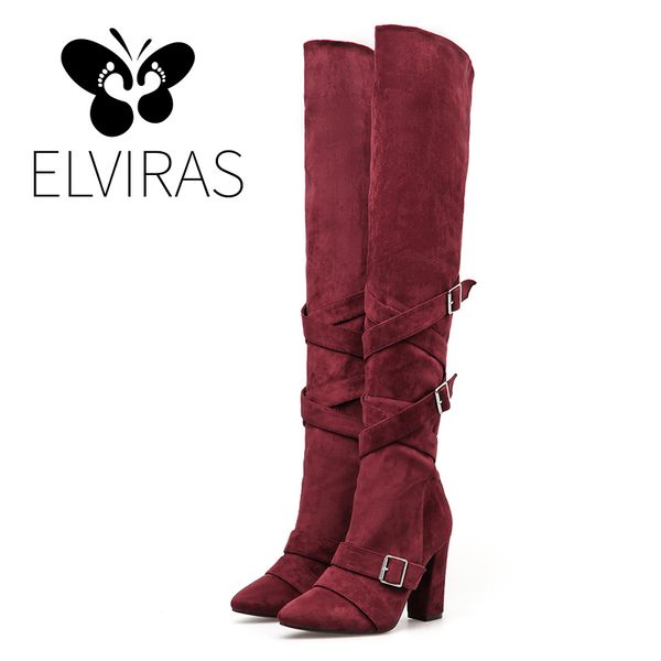 

elviras new shoes women boots black red over the knee boots buckle female autumn winter lady thigh high