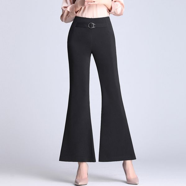 

2019 women's autumn spring casual boot cut pants multicolour plus size candy color mid waist slim flare trousers, Black;white