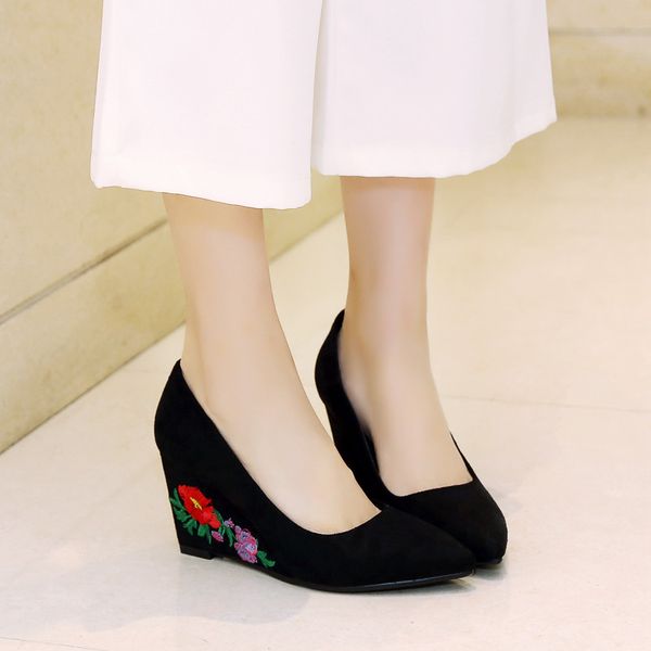 

embroidery flower red black wedge heel pumps shoes women party wedding suede flock wedges shoe female plus size 2018