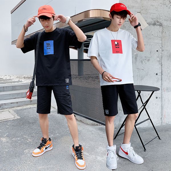 

men's printing set summer short-sleeved t-shirt shorts red yellow white blue casual 2 pieces men's set, Gray