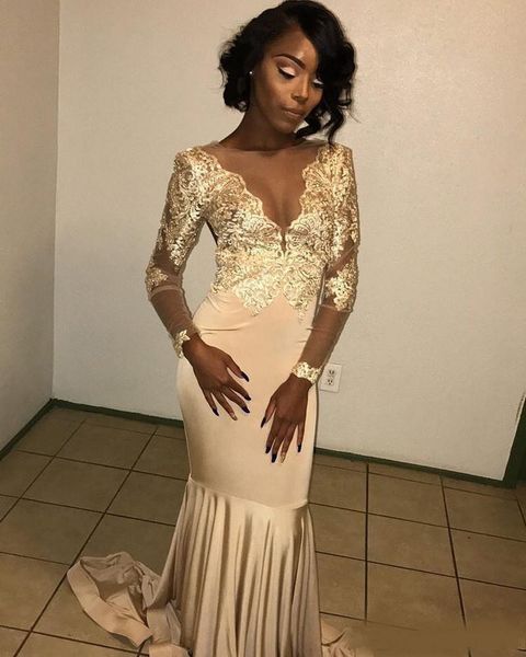 

African Lace Appliqued South African Gold Prom Dress Mermaid Long Sleeve Banquet Evening Party Gown Custom Made Plus Size