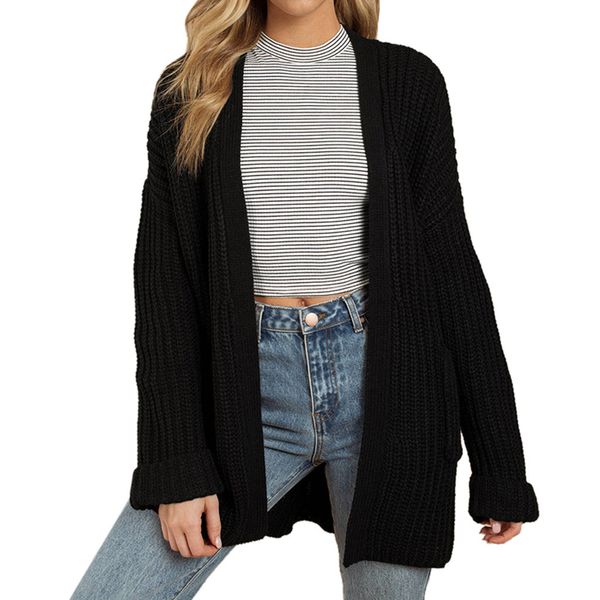 

autumn sweater new fashion womens solid color long sleeve sweater casual cardigan coat pocket loose cardigan 2019 #b, White;black