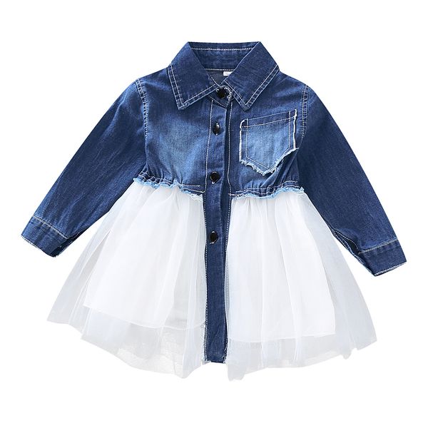 

kids girl denim long sleeve princess dress denim tutu tulle prom party dress, Red;yellow