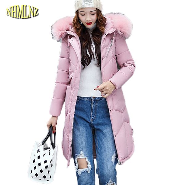 

women winter jacket fashion hooded fur collars cotton coat solid color long thicker warm female outerwear wkm231, Black