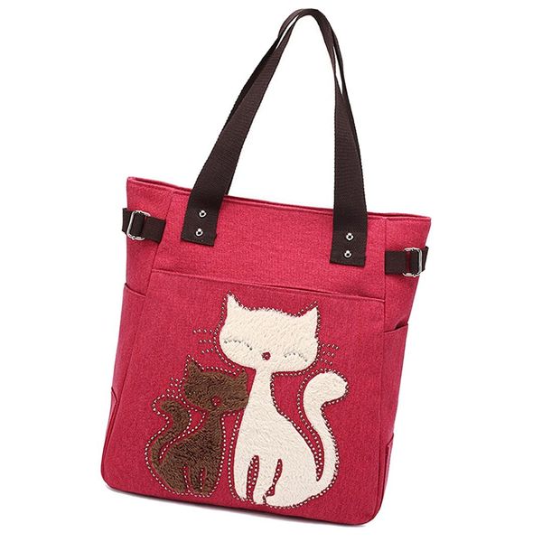 

fggs-women's messenger handbag canvas bag with cute cat small shopping shoulder bag green