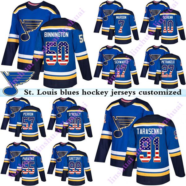 

st. louis blues jersey 91 vladimir tarasenko 90 ryan o'reilly 50 binnington 10 brayden schenn 17 schwartz 7 patrick maroon hockey jerse, Black;red