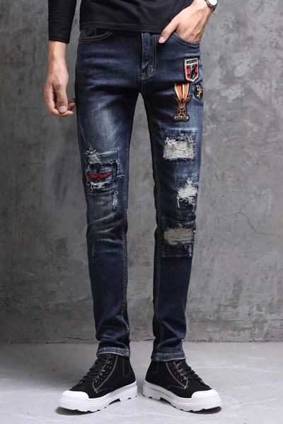 

рваные джинсы мужчин тенденция осень прямые корейских нищий брюки вышивка патч ковбойские брюки осенние мужские брюки, Blue