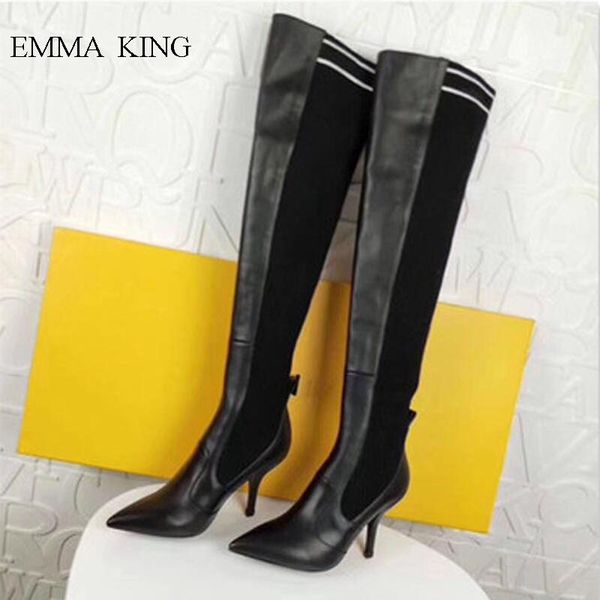 

new patchwork stretch over the knee riding boots elegant ladies pointed toe stiletto high heels slip on long boots shoes woman, Black