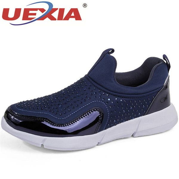 

uexia sneakers women shoes breathable casual loafers slip-on fashion crystal ladies flats outdoor walking zapatillas footwear, Black