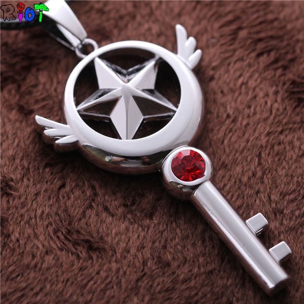 

anime cartoon card captor sakura necklace alloy czech stone leather chain pendant cosplay men woman fashion jewelry, Silver