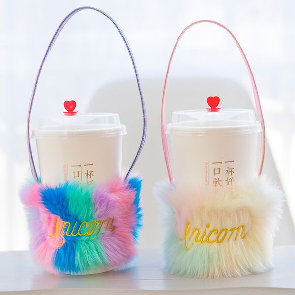 

plush portable cup sleeve unicorn cup bag single cute rainbow bag, Blue;pink