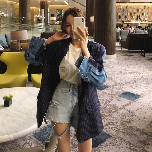 

new style denim striped lapel suit jacket casual loose single breasted patchwork coat notched women clothes, White;black
