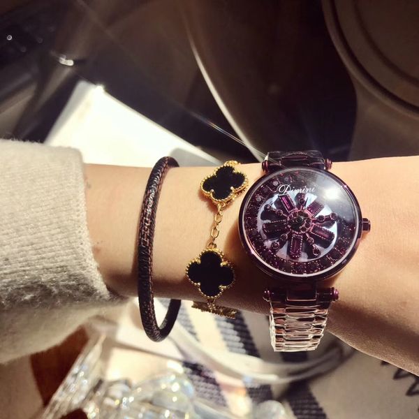 

new crystal flower spinning watches for women anti fading full purple steel watch good luck rotating bracelet wrist watch quartz, Slivery;brown