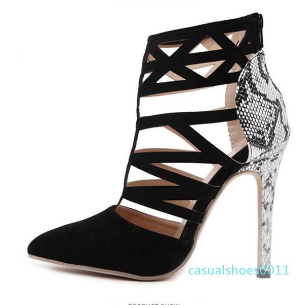 

горячая продажа-dijigirls женщин высокие каблуки сексуальная женская вырезать принтом змеиной кожи римские сандалии гладиатора лодыжки бути, Black