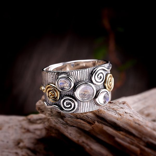 

new natural moonstone carnelian rings for women real s925 sterling silver jewelry vintage thai silver moonlight resizable ring t, Golden;silver