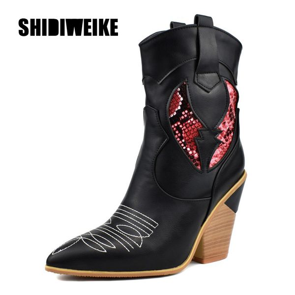 

2019 classic embroider pu leather cowboy ankle boots women square high heel booties snake print western cowgirl boot j761, Black