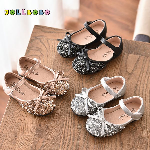 

children shoes kids girls fashion princess spring black gold silver girls sequin dance shoes charm kids leather with bow, Black;grey
