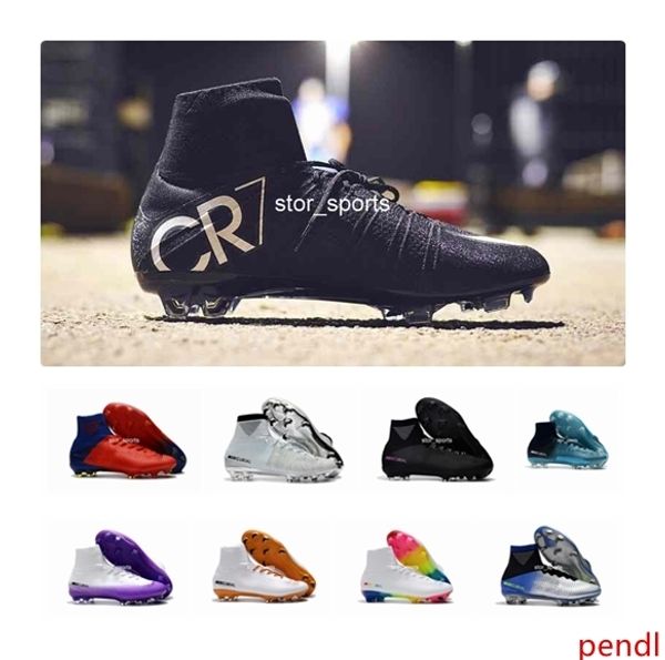 

white red rainbow 100% original soccer shoes cr7 mercurial superfly v fg soccer cleats high ankle football boots ronaldo sports sneakers